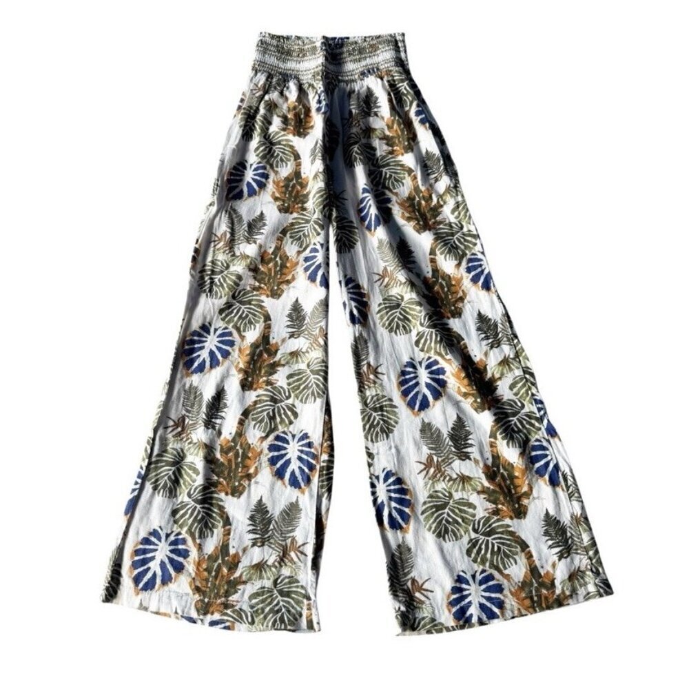 Da Hui Women's Sz L Linen Tropical Print Wide Leg Smocked Waist Pull On Pants